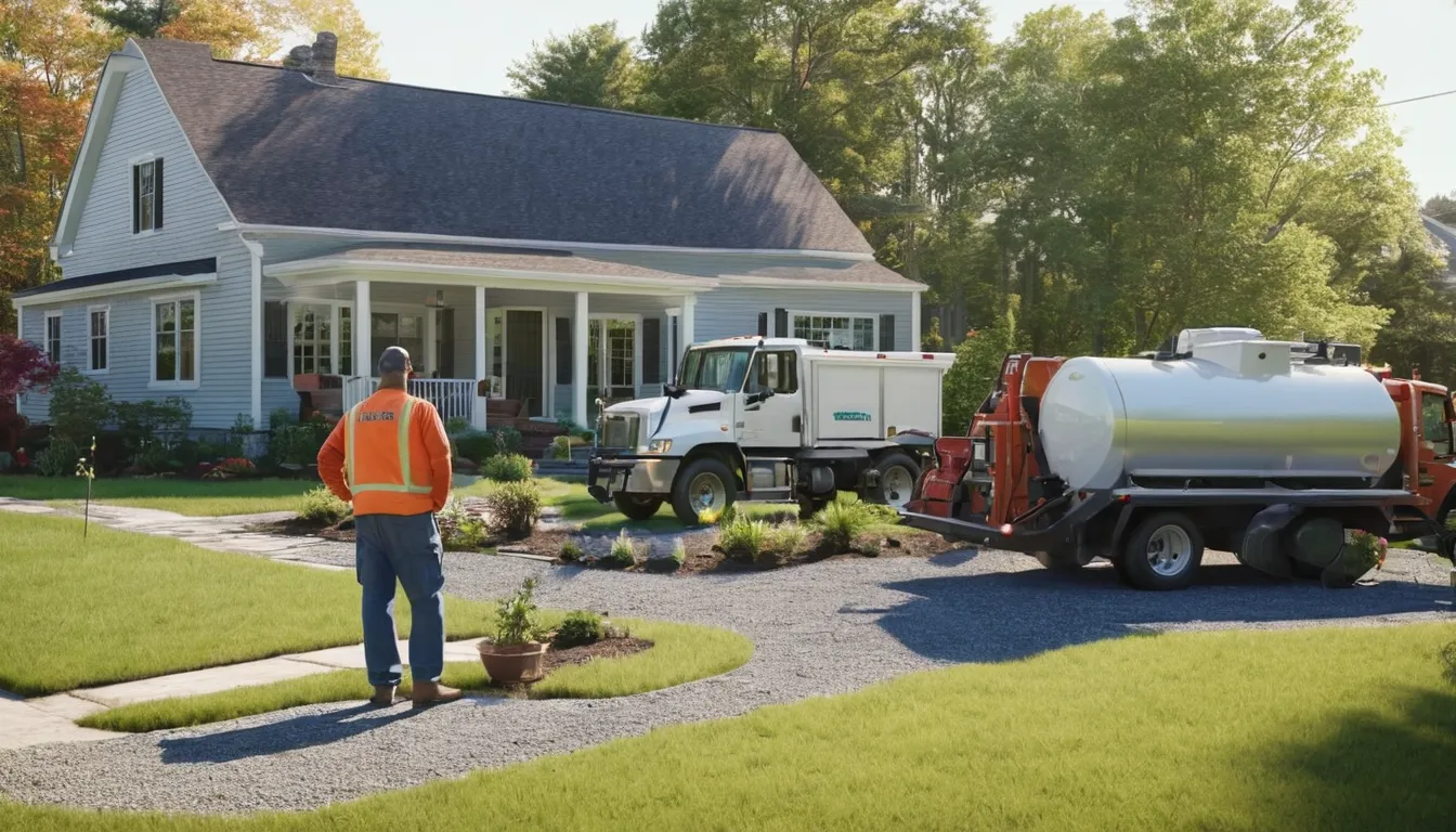 A friendly provider and a homeowner talking beside a septic tank lid in a yard in West Mifflin